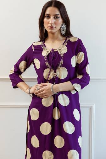 Purple embroidered viscose rayon kurta trouser set