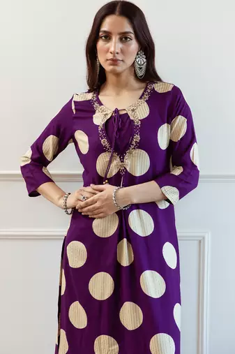 Purple embroidered viscose rayon kurta trouser set