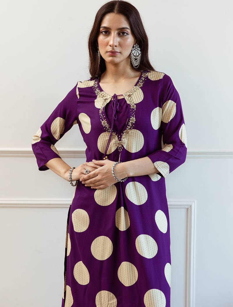 Purple embroidered viscose rayon kurta trouser set