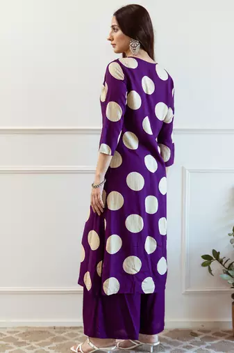 Purple embroidered viscose rayon kurta trouser set