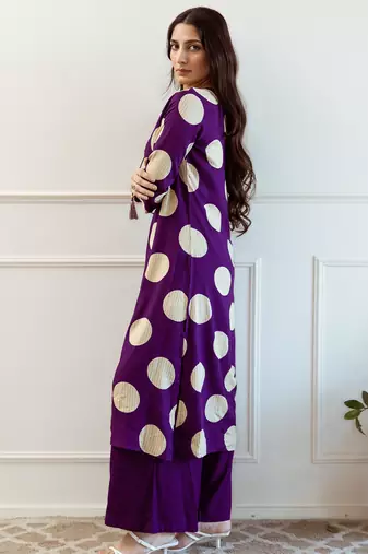 Purple embroidered viscose rayon kurta trouser set