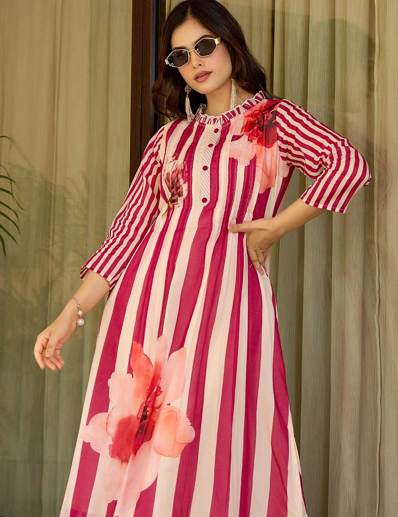Pink printed cotton kurta trouser set