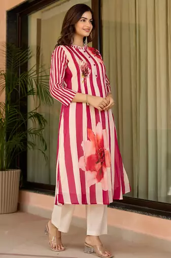 Pink printed cotton kurta trouser set
