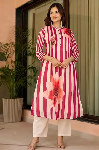 Pink printed cotton kurta trouser set