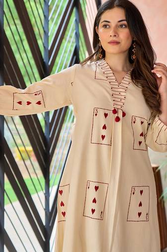 Off white embroidered cotton kurta trouser set