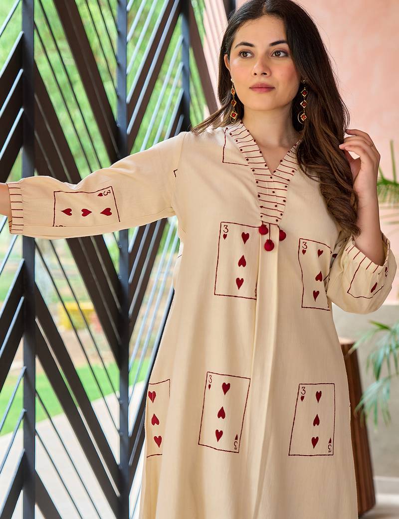 Off white embroidered cotton kurta trouser set