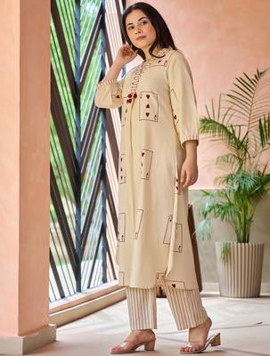 Off white embroidered cotton kurta trouser set 3
