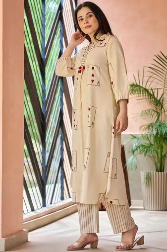 Off white embroidered cotton kurta trouser set