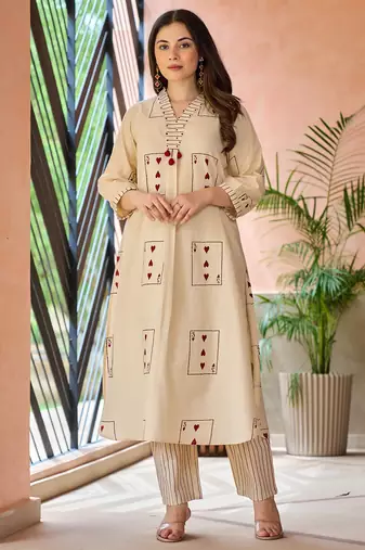 Off white embroidered cotton kurta trouser set