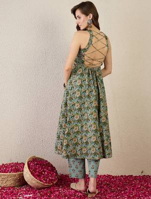 Sea green printed cotton kurta trouser set 2