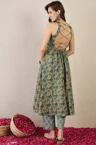 Sea green printed cotton kurta trouser set