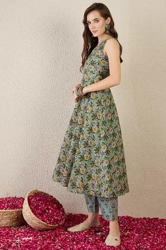 Sea green printed cotton kurta trouser set