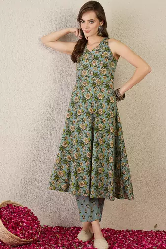 Sea green printed cotton kurta trouser set