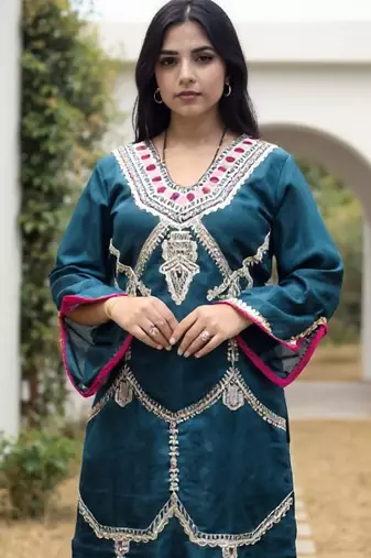 Teal embroidered silk kurta trouser set