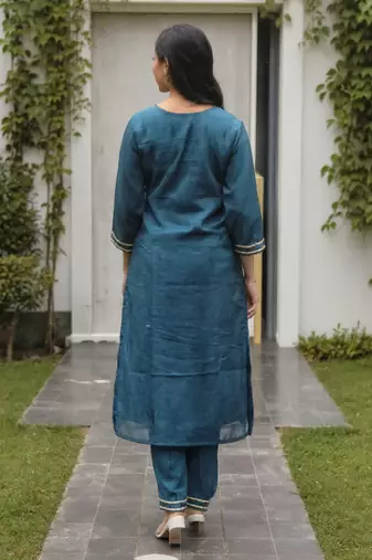 Teal embroidered silk kurta trouser set