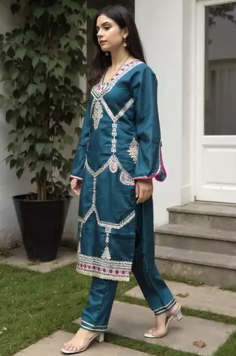 Teal embroidered silk kurta trouser set