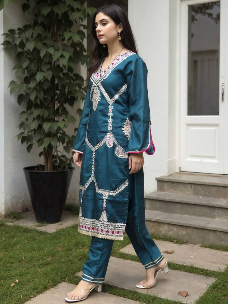 Teal embroidered silk kurta trouser set