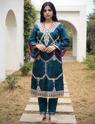 Teal embroidered silk kurta trouser set 1