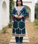 Teal embroidered silk kurta trouser set