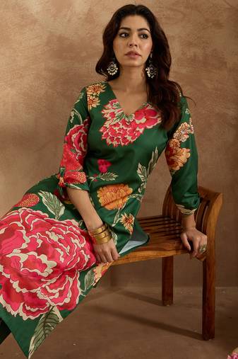 Green printed cotton kurta trouser set