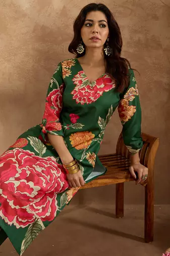 Green printed cotton kurta trouser set