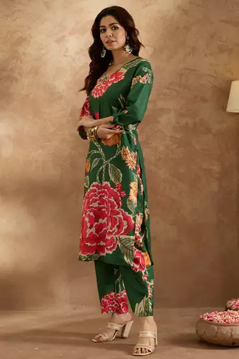 Green printed cotton kurta trouser set