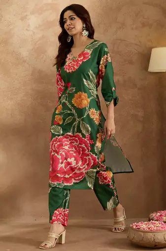 Green printed cotton kurta trouser set