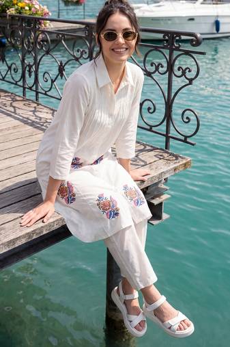 White embroidered cotton kurta trouser set