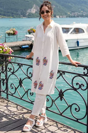 White embroidered cotton kurta trouser set