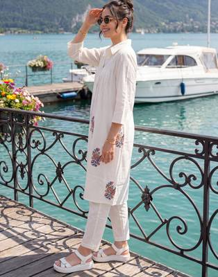 White embroidered cotton kurta trouser set 4