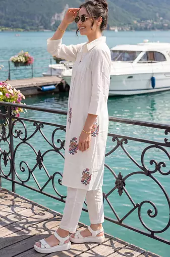 White embroidered cotton kurta trouser set
