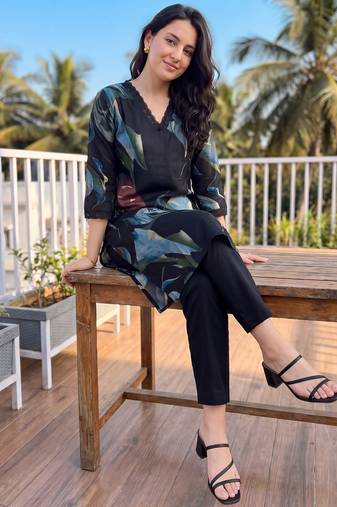 Black printed silk kurta trouser set