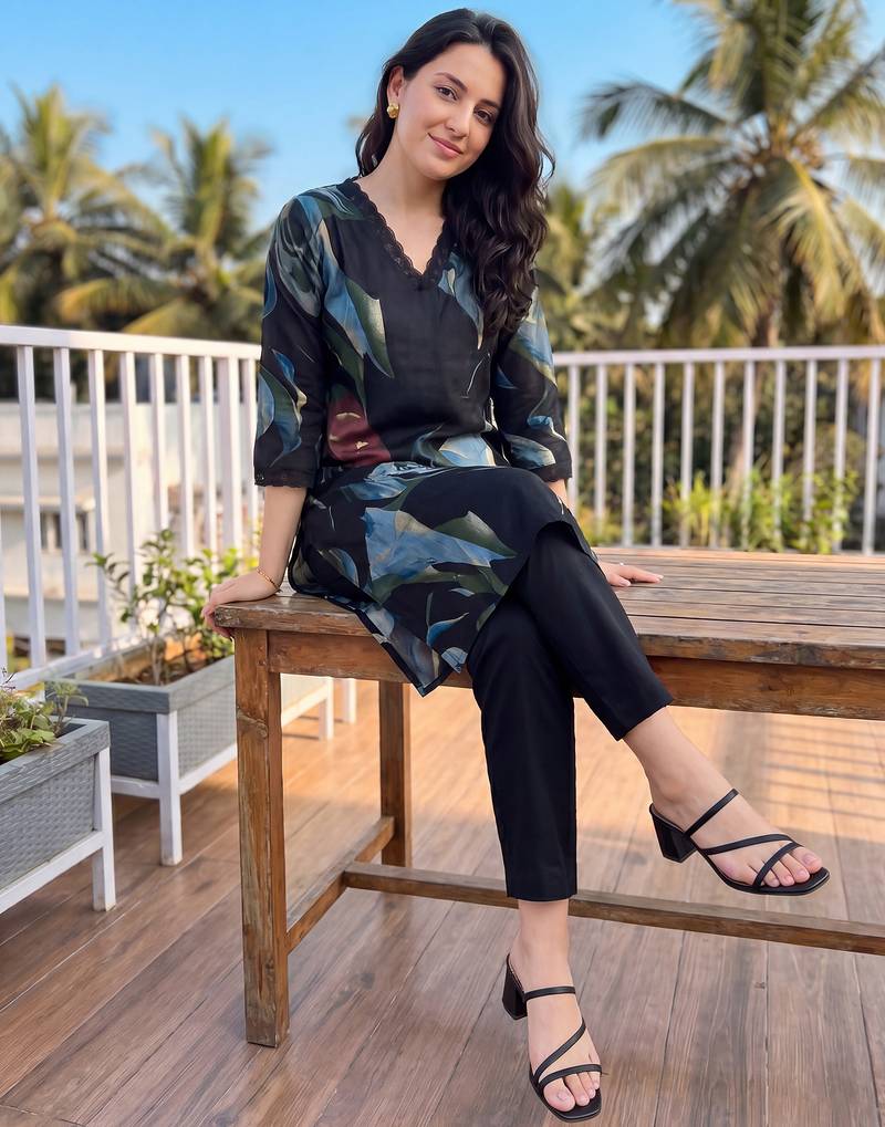 Black printed silk kurta trouser set