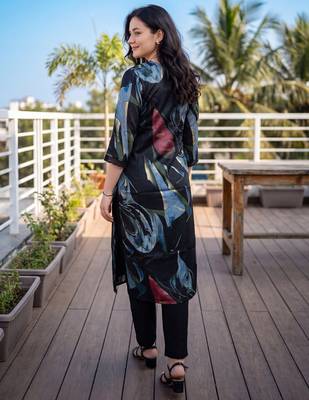 Black printed silk kurta trouser set 2