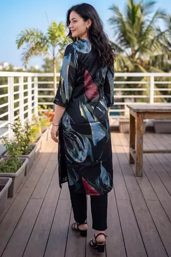 Black printed silk kurta trouser set