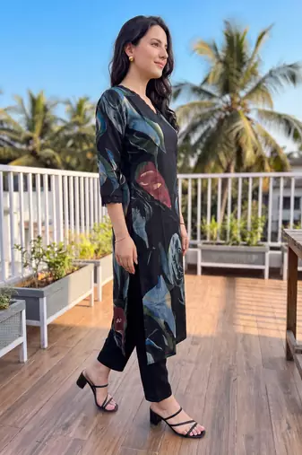 Black printed silk kurta trouser set