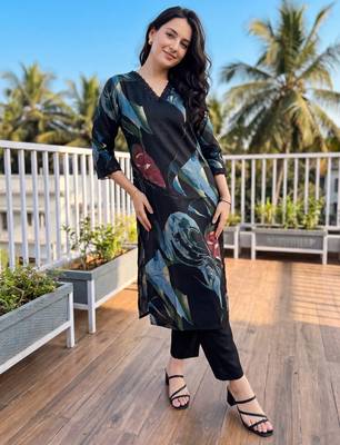 Black printed silk kurta trouser set 4