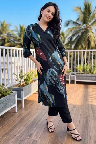 Black printed silk kurta trouser set