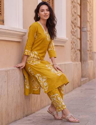 Mustard printed cotton kurta trouser set 1