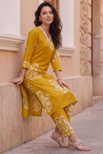 Mustard printed cotton kurta trouser set