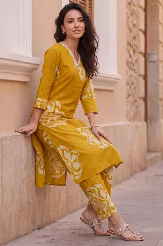 Mustard printed cotton kurta trouser set