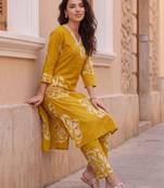 Mustard printed cotton kurta trouser set