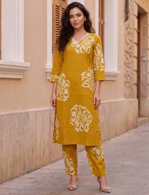 Mustard printed cotton kurta trouser set 2