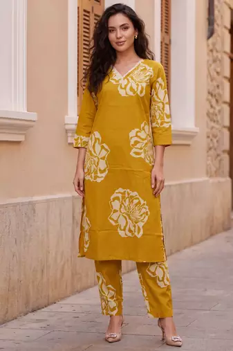 Mustard printed cotton kurta trouser set