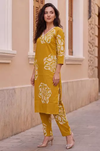 Mustard printed cotton kurta trouser set