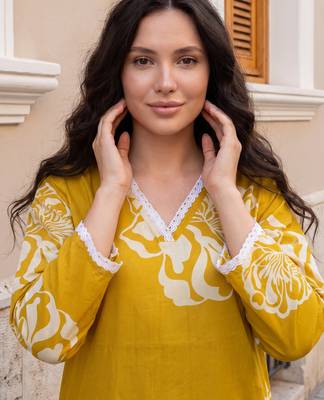 Mustard printed cotton kurta trouser set 4