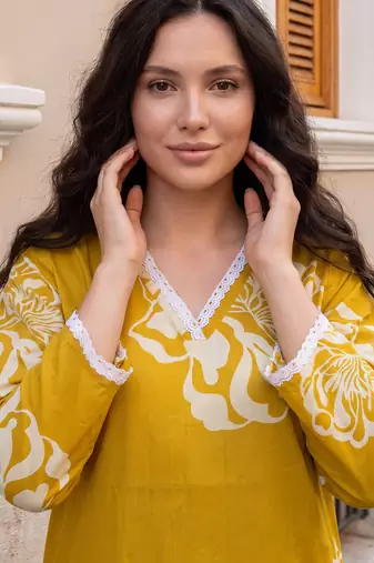 Mustard printed cotton kurta trouser set
