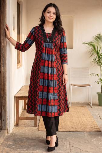 Black printed cotton kurta trouser set