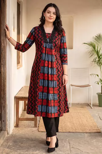 Black printed cotton kurta trouser set