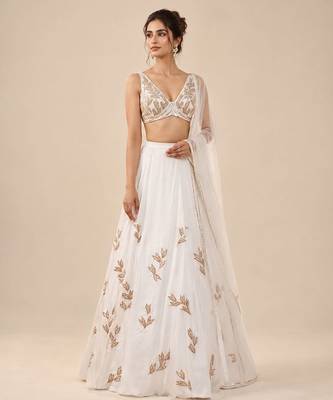 White Embroidered Satin Organza Lehenga Set With Net Dupatta 1